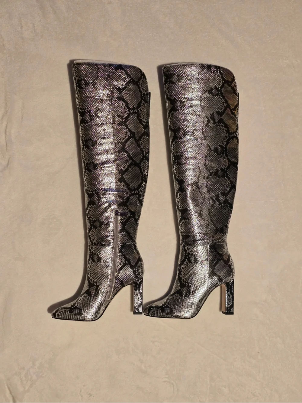 Jessica Simpson Metallic Silver Snakeskin “Mistia” Over Knee -Boots NWOB 7